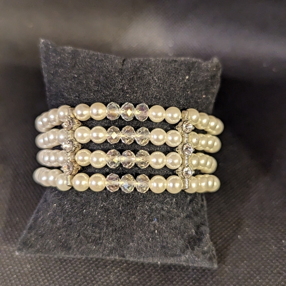 White Faux Pearl Clear Crystal and Rhinestone Beaded Stretchy Statement Bracelet